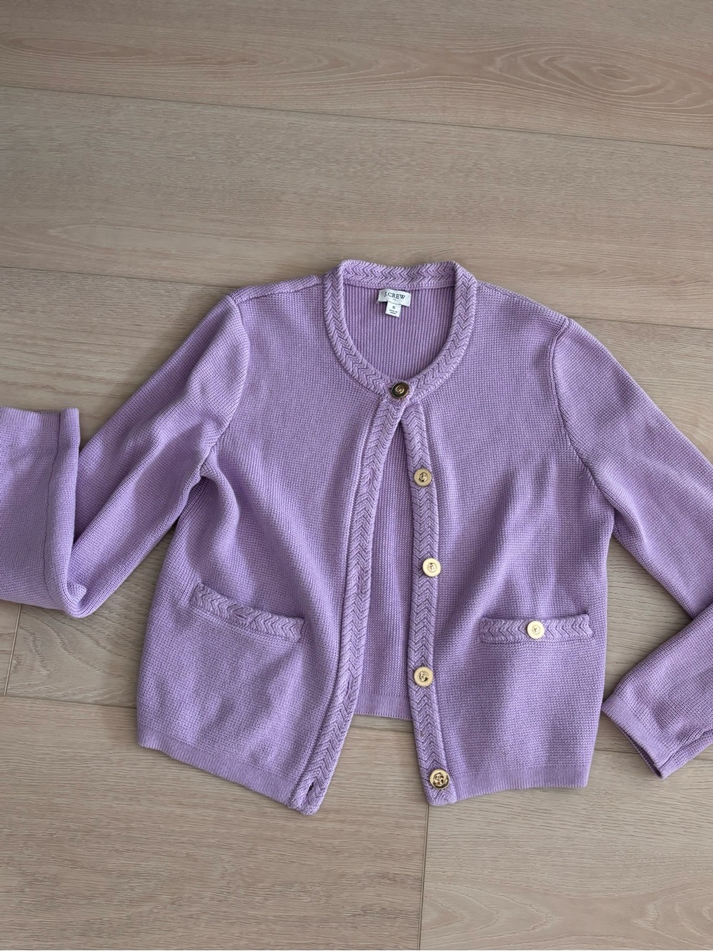 J. Crew Lilac Braided-Trim Cotton Cardigan with Gold Buttons